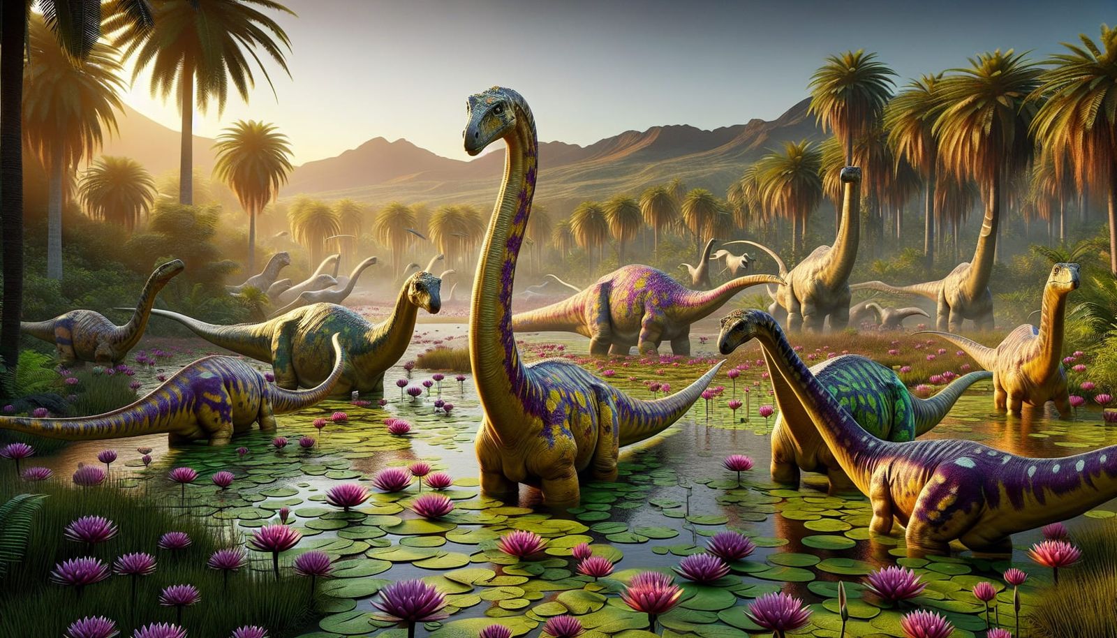 Majestic Golden Sauropods in Lush Prehistoric Swamp