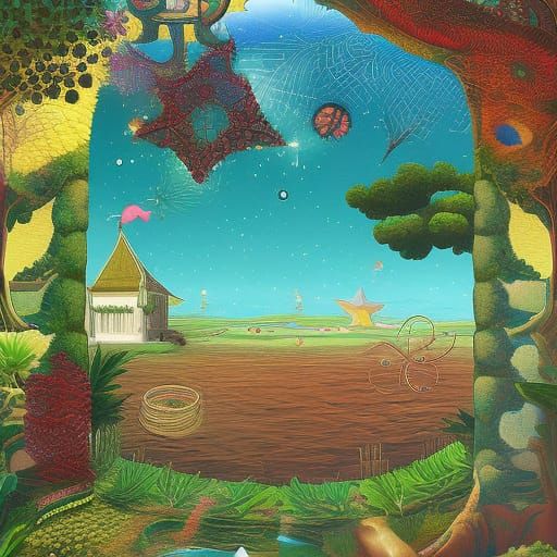 Surreal Sphinx on Beach in Bosch and Miro Style