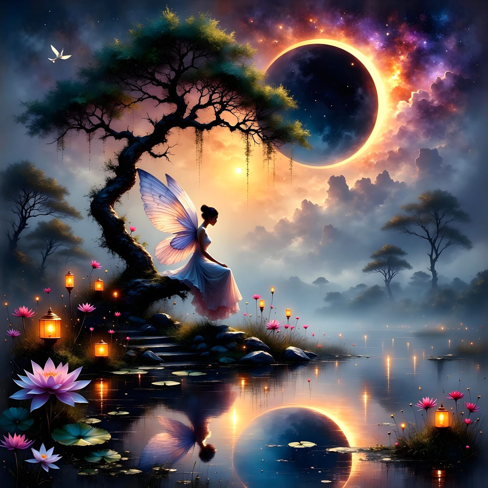 Ethereal Fairy Amidst Solar Eclipse in Whimsical Hyperrealis...