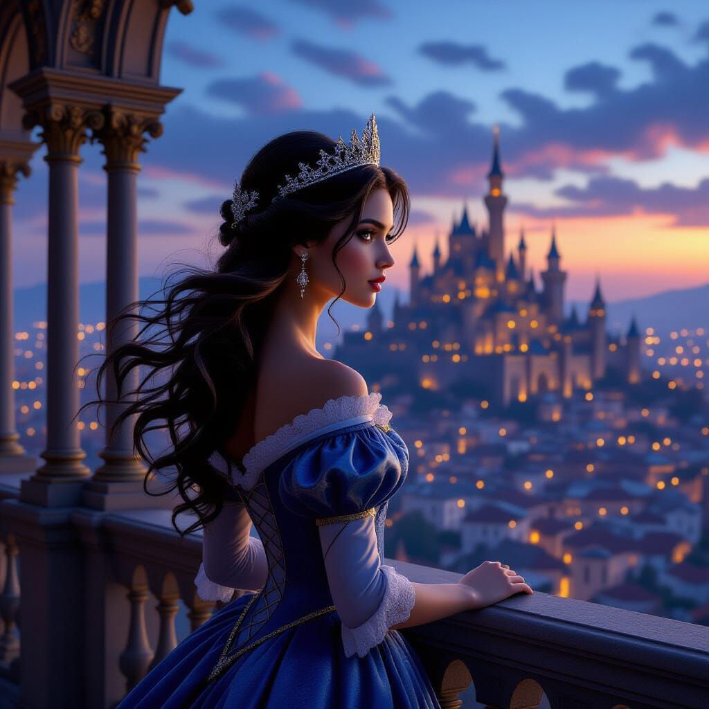 Regal Princess on Balcony Overlooking Medieval City at Dusk