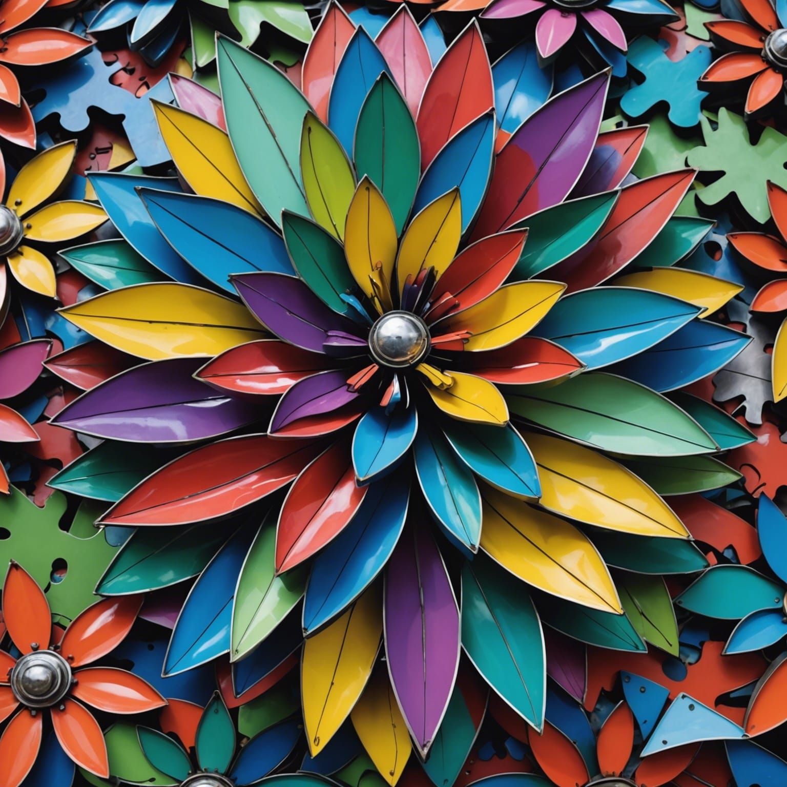 Colorful Metal Flower Sculpture in Photographic Style