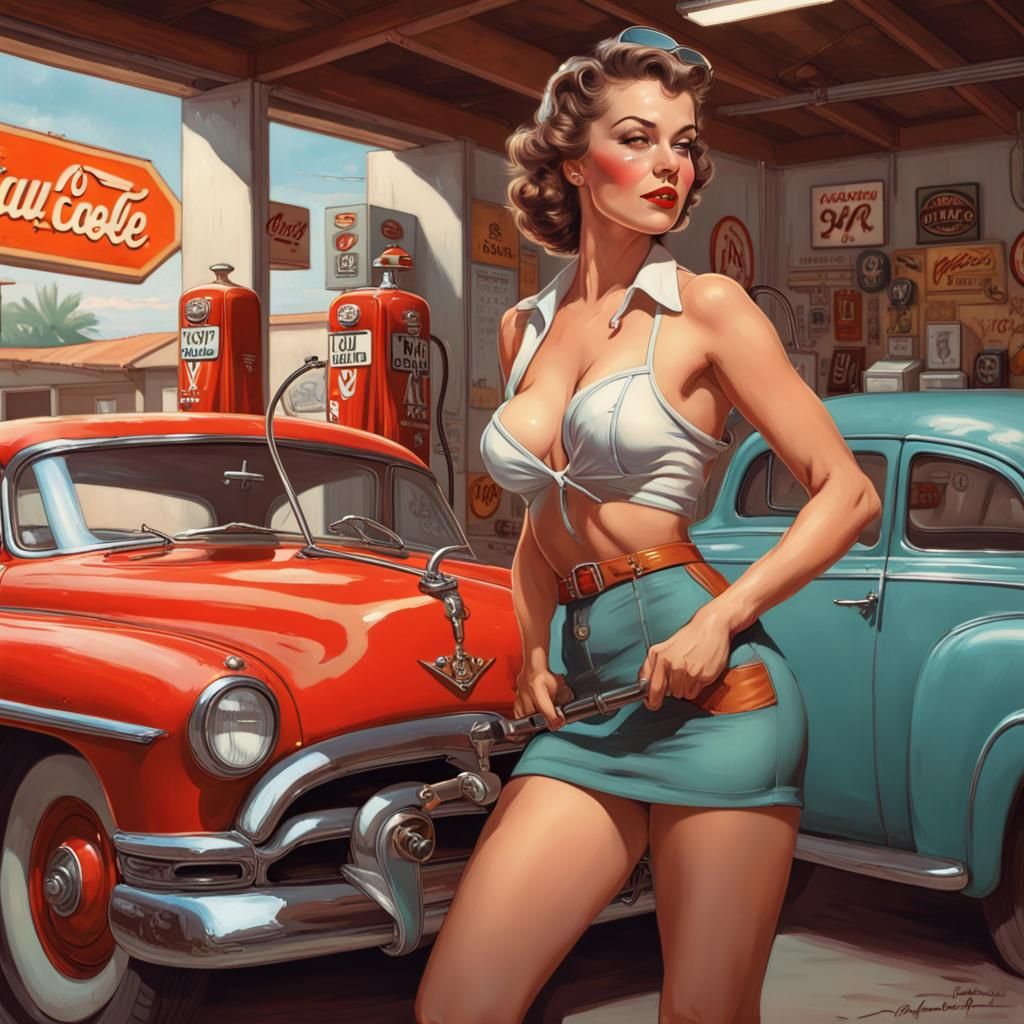 1950s Pin-Up Girl Working in Garage