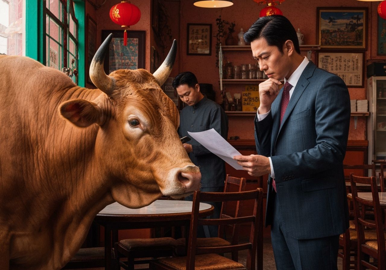 Man Reads to Bull in Hong Kong Teahouse