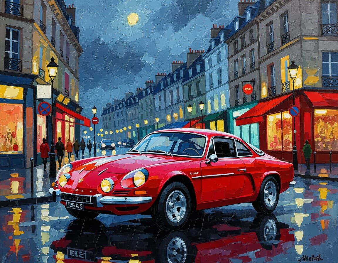 1972 Alpine A110 in Rainy Paris Shopping District