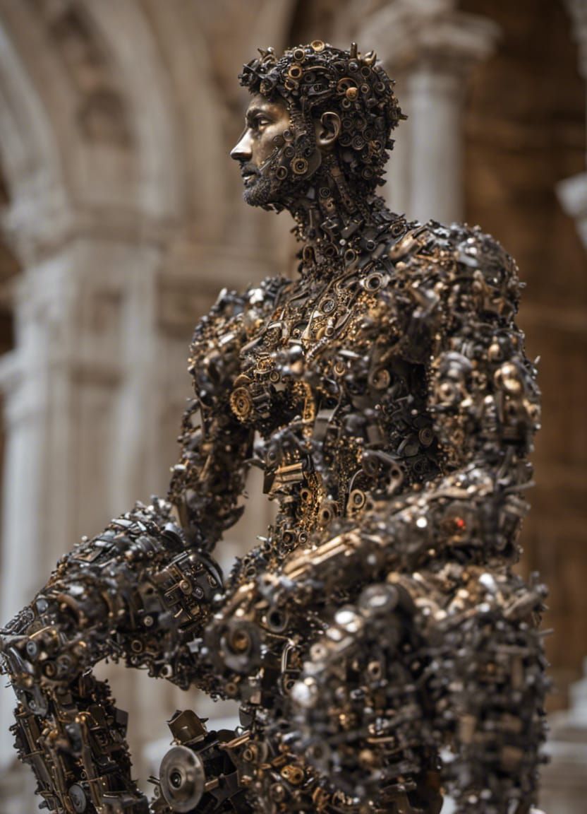 Classical Nude God Sculpture Made of Recycled Metal