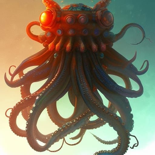 Underwater Alien Octopus Drummer in Art Nouveau Style