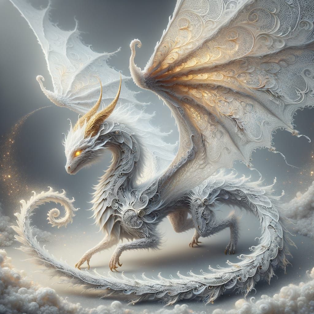 Elegant Lace Dragon Unfurls Golden Wings in Shimmering Cloud...