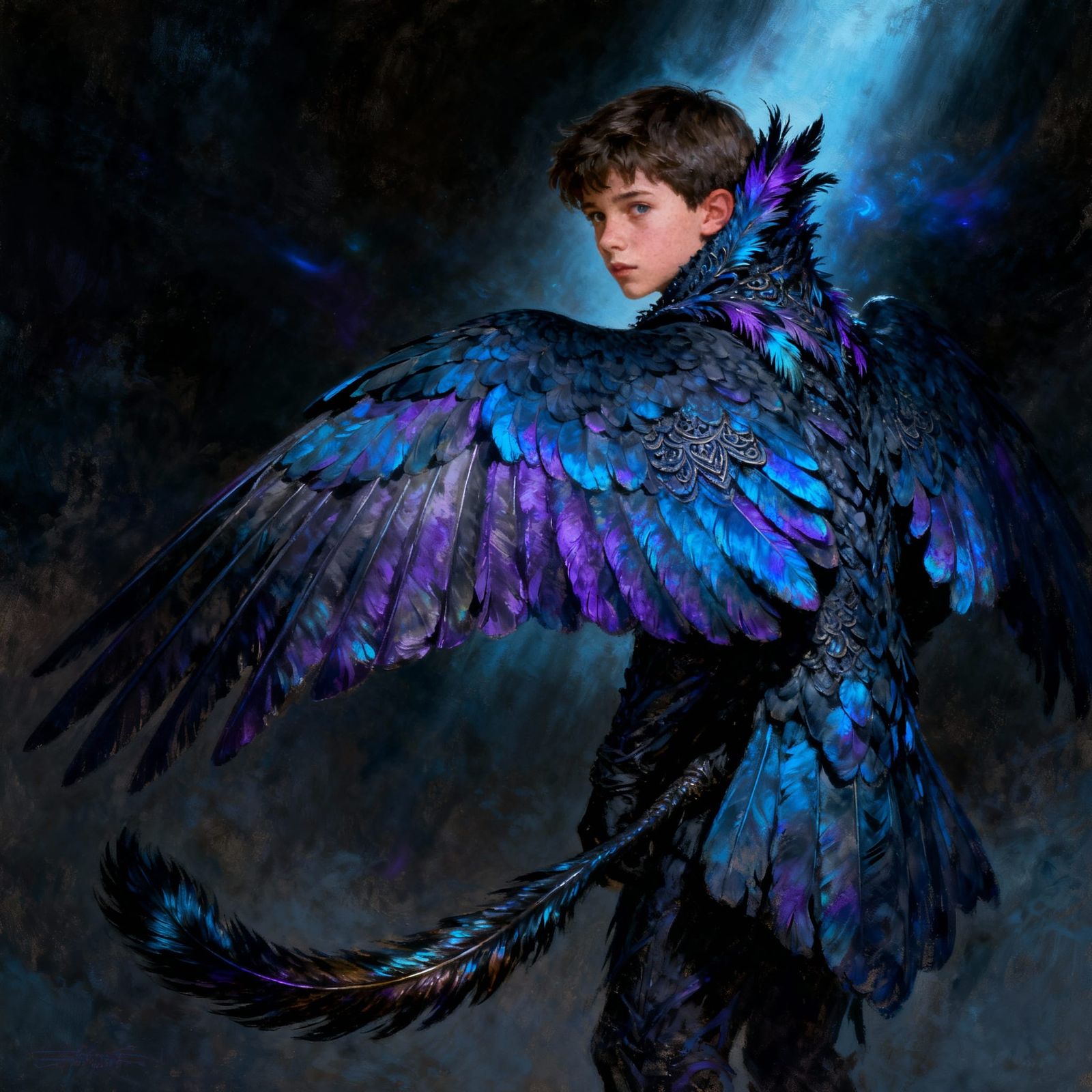 Teenager as Crow with Blue and Purple Feathers