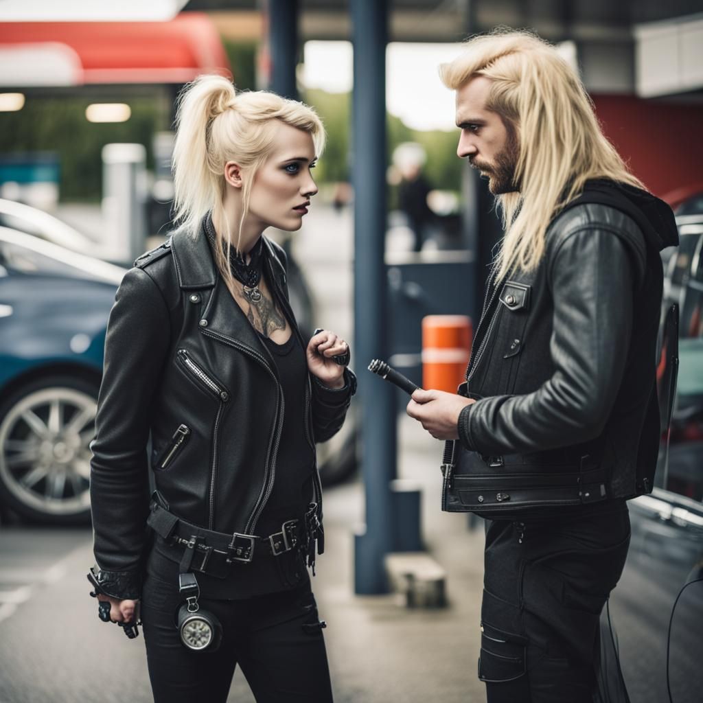 Blond and Goth Chat at Petrol Station