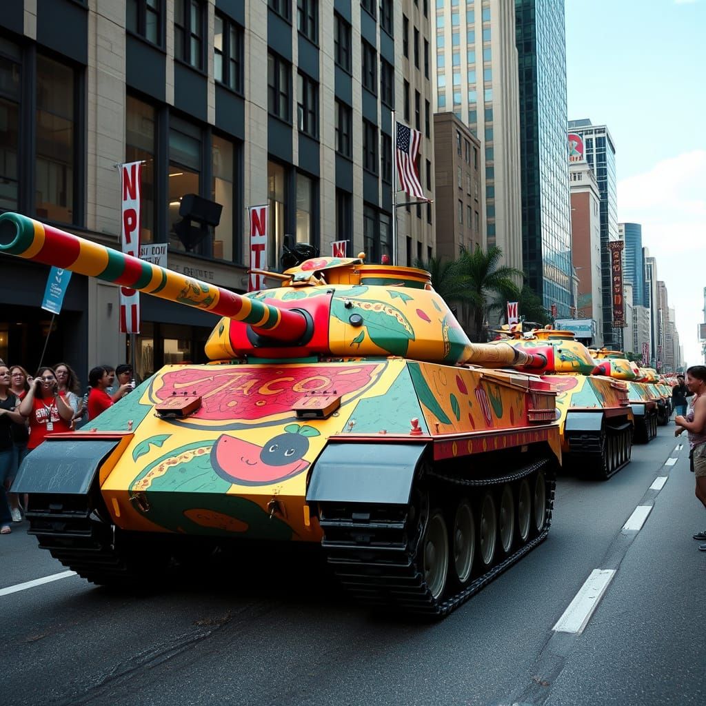 Taco-Themed Tanks Parade Through City in Pop Surrealist Styl...