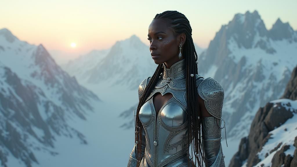 Regal Woman in Liquid Metal Armor on Mountain Peak