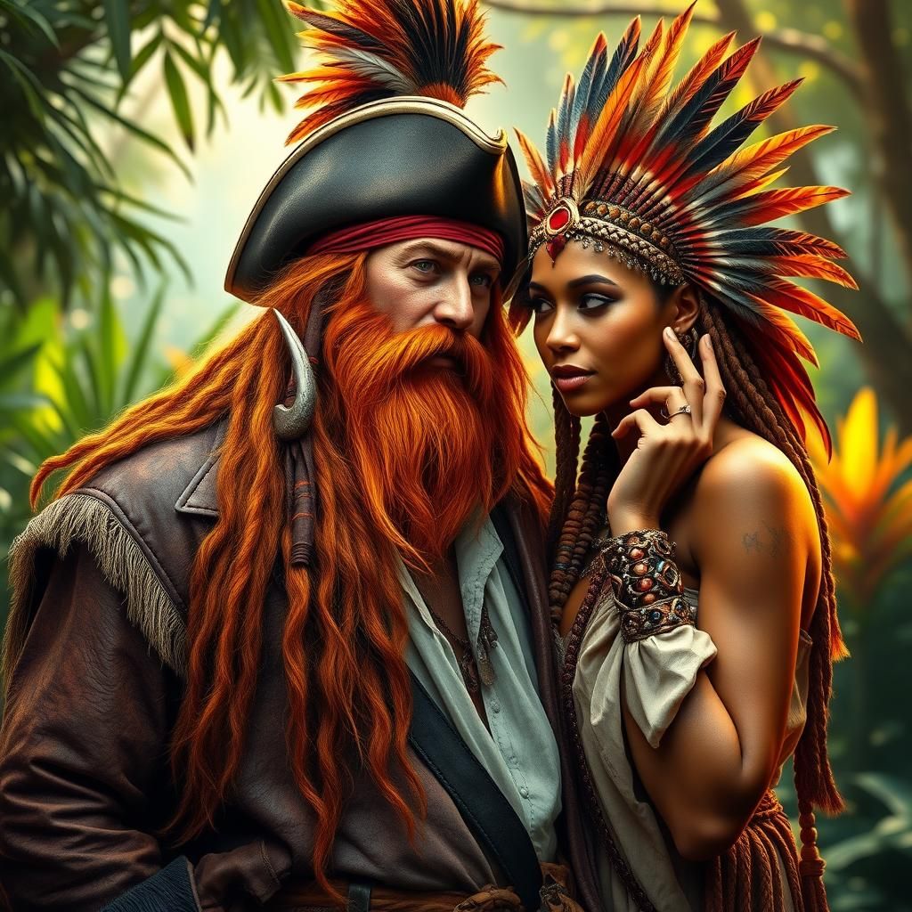 Pirate and Tribal Woman in Lush Forest, Fantasy Art