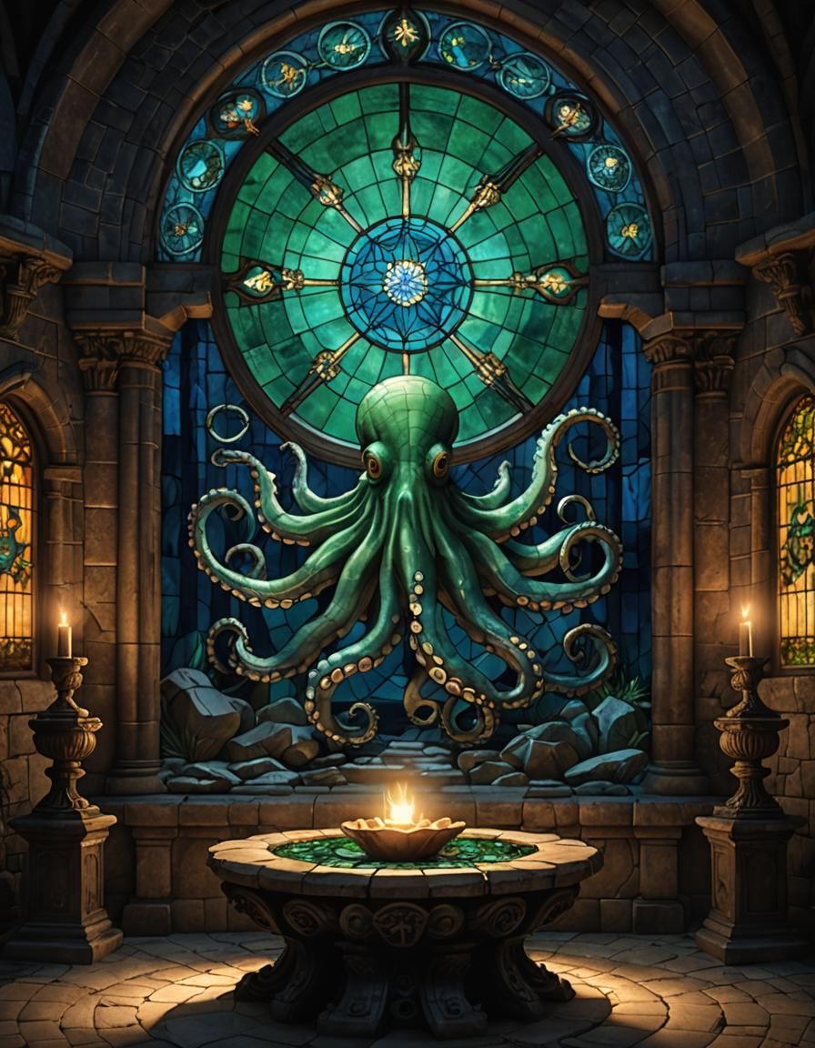 Candlit Stone Temple with Octopus Star Window
