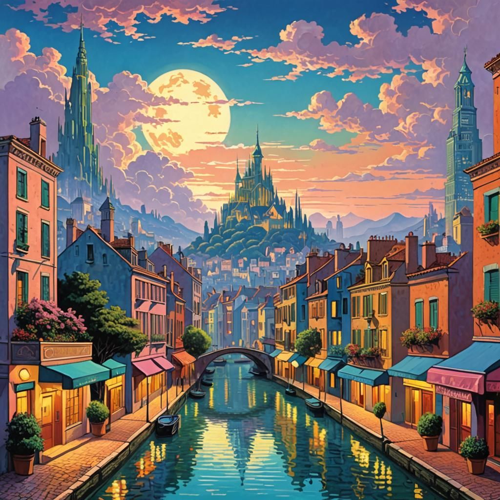 Vaporwave Cityscape in Impressionist Style