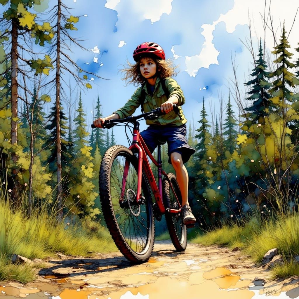 Person Rides Bike Through Sunlit Forest Path