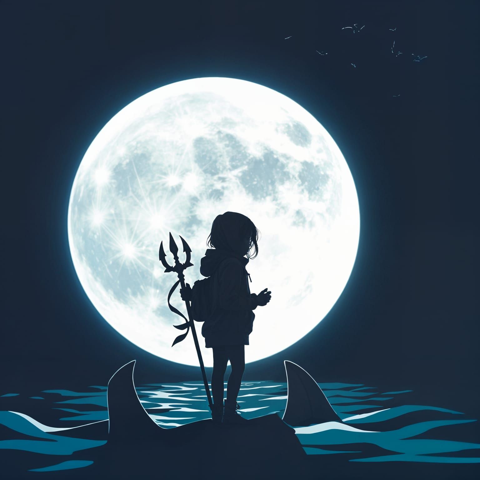 Whimsical Shark Girl Silhouette Under Full Moon
