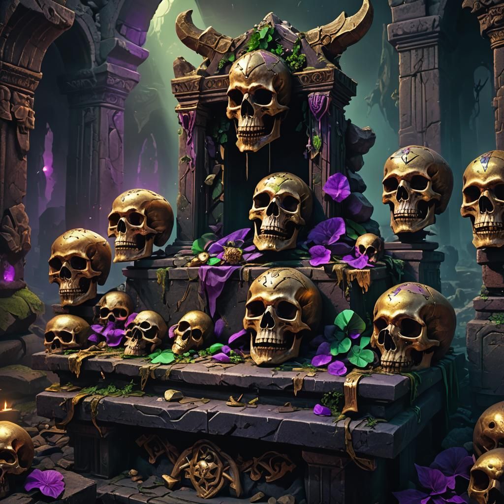Dark Fantasy Skulls on Ancient Altar in Vibrant Colors