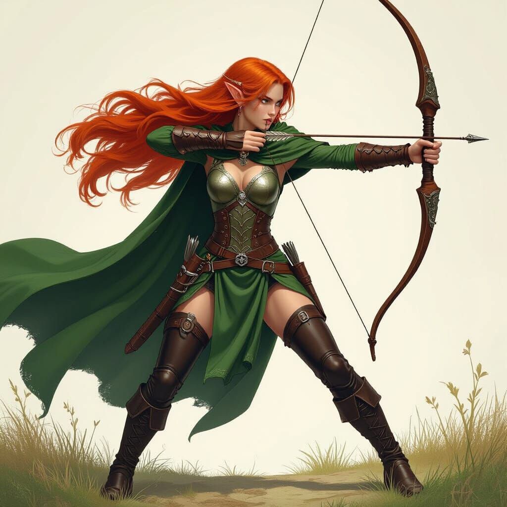 Elf Ranger with Scarlet Hair, Digital Painting