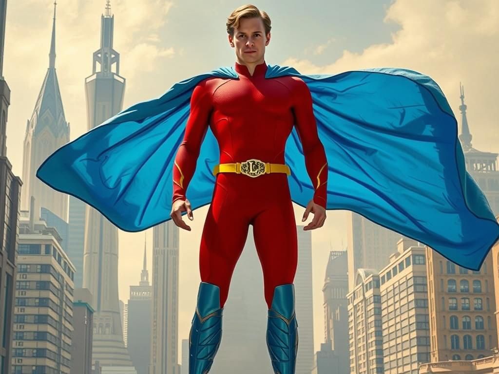 Chris Wood as Mon-El, aka Valor, stands heroically in the heart of 30th Century Metropolis, wearing a sleek, red, suit. ...