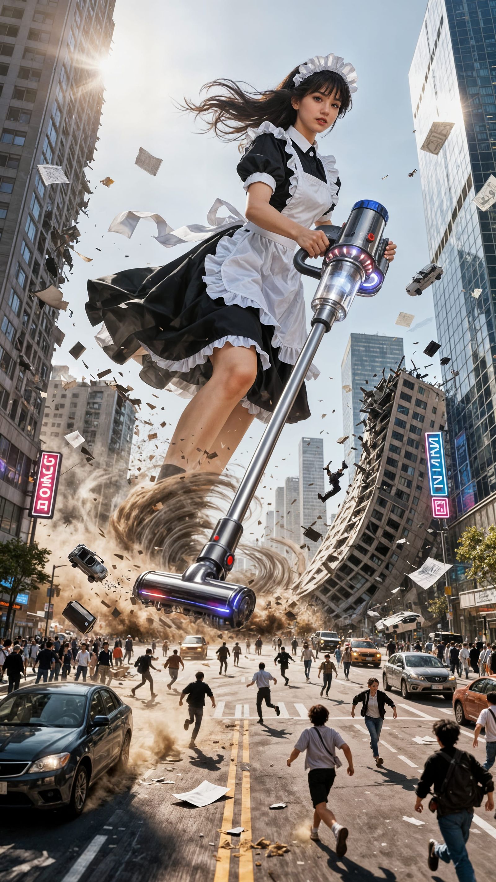 Colossal Maid Vacuums Cityscape in Digital Art
