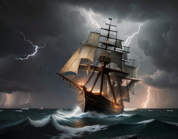 Pirate Ship Sailing a Stormy Sea