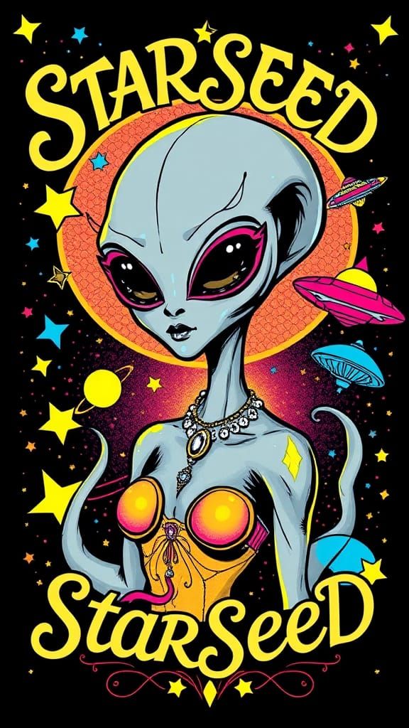 Text - STARSEED - in a cursive hand drawn decorative art nouveau organic script style- Design 3 color a pop art nouveau ...