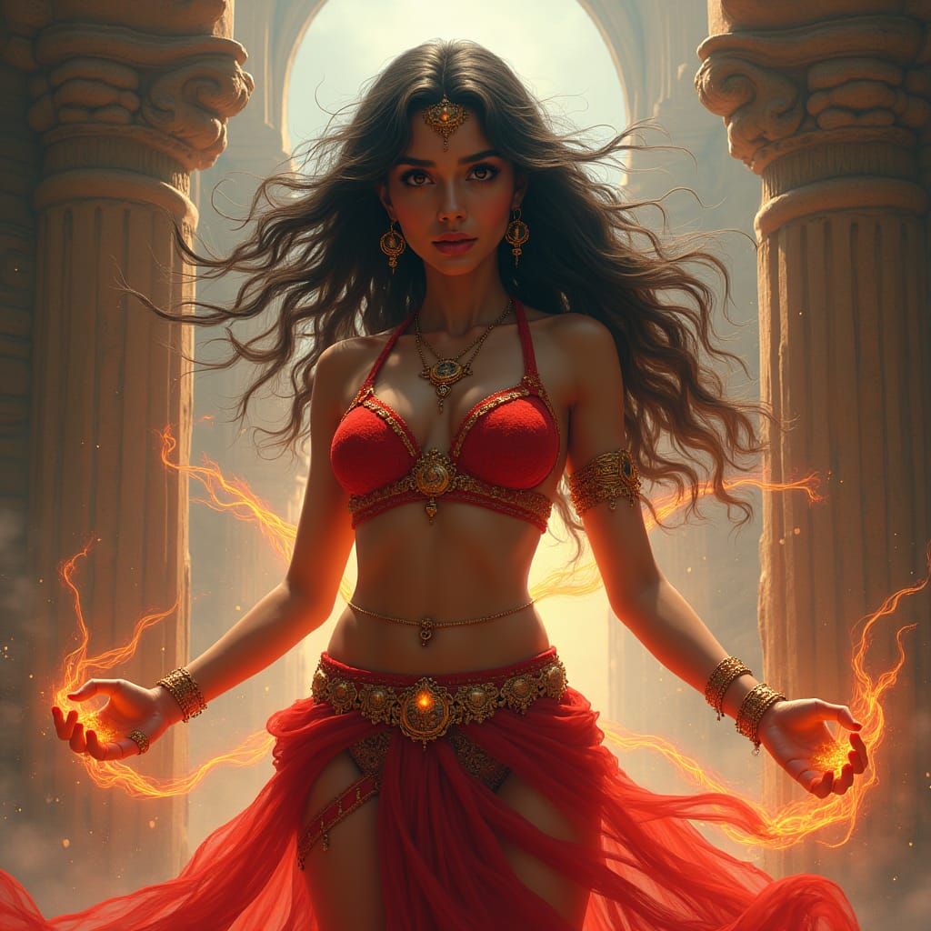 Mystical Energy Surrounds Woman in Fantasy Architecture