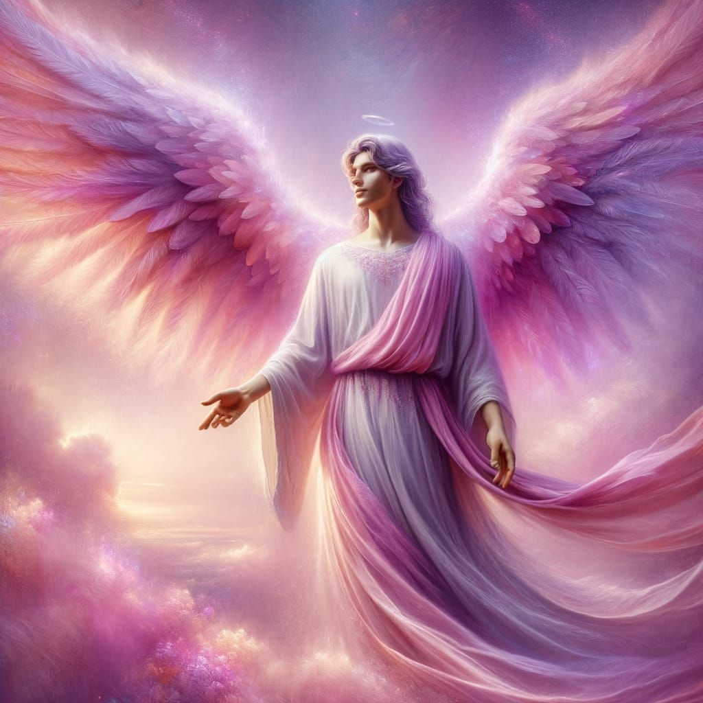 Pink and Purple Angel with Feathered Wings