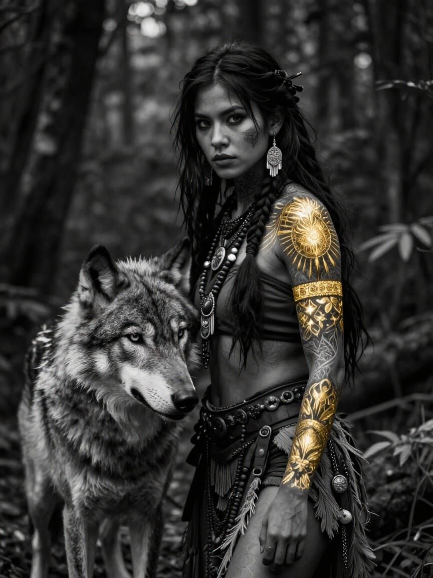Tribal Woman with Wolf and Golden Tattoos