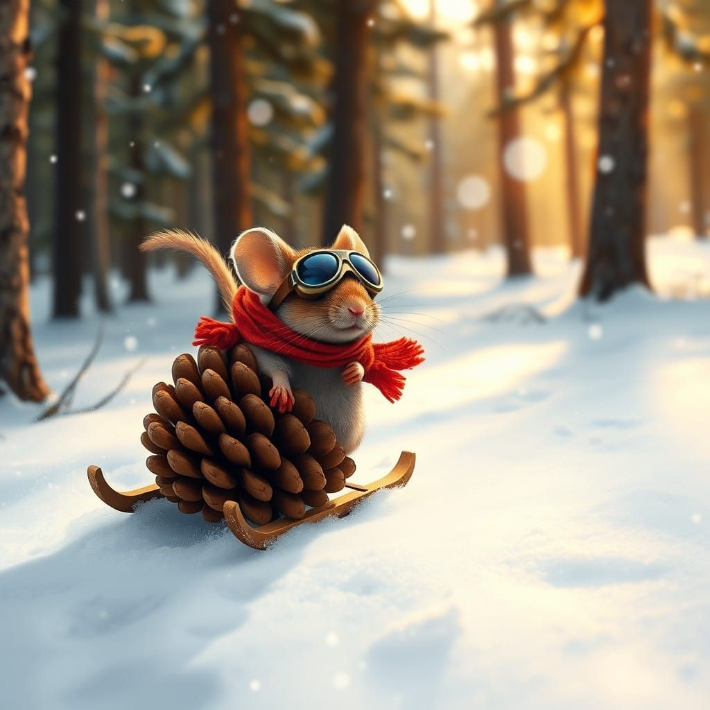 Mouse Sledding on a Pine Cone in a Winter Wonderland