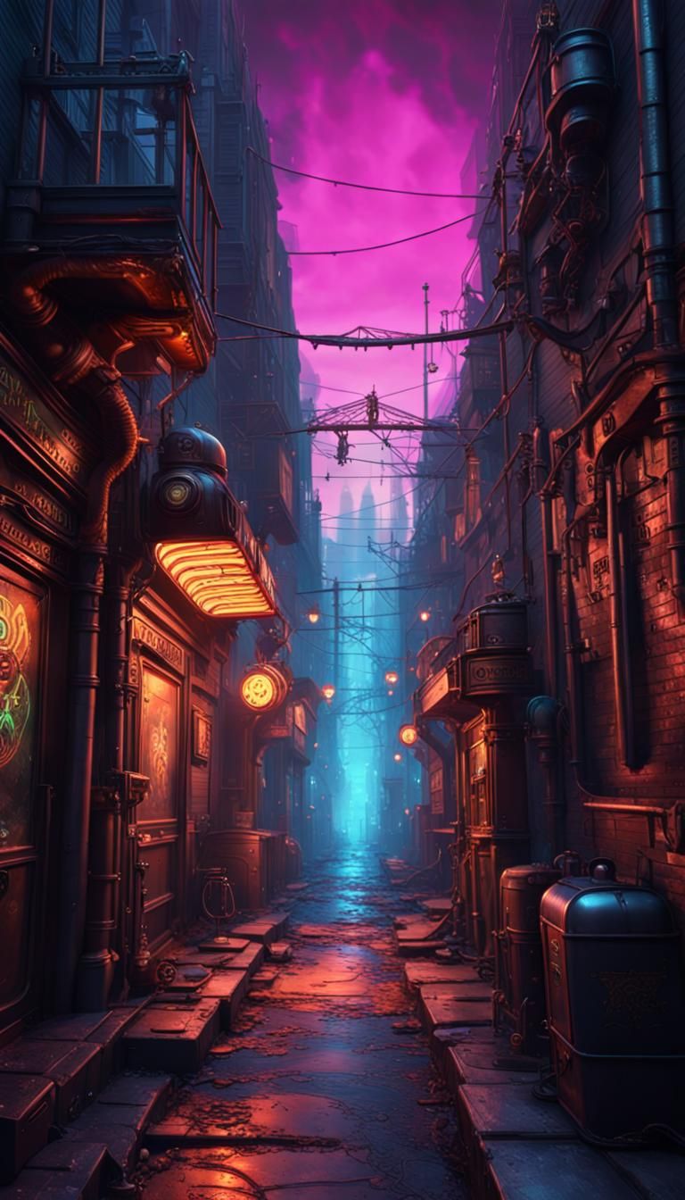 Steampunk Alley with Neon Arcade Sign in Detailed Matte Pain...