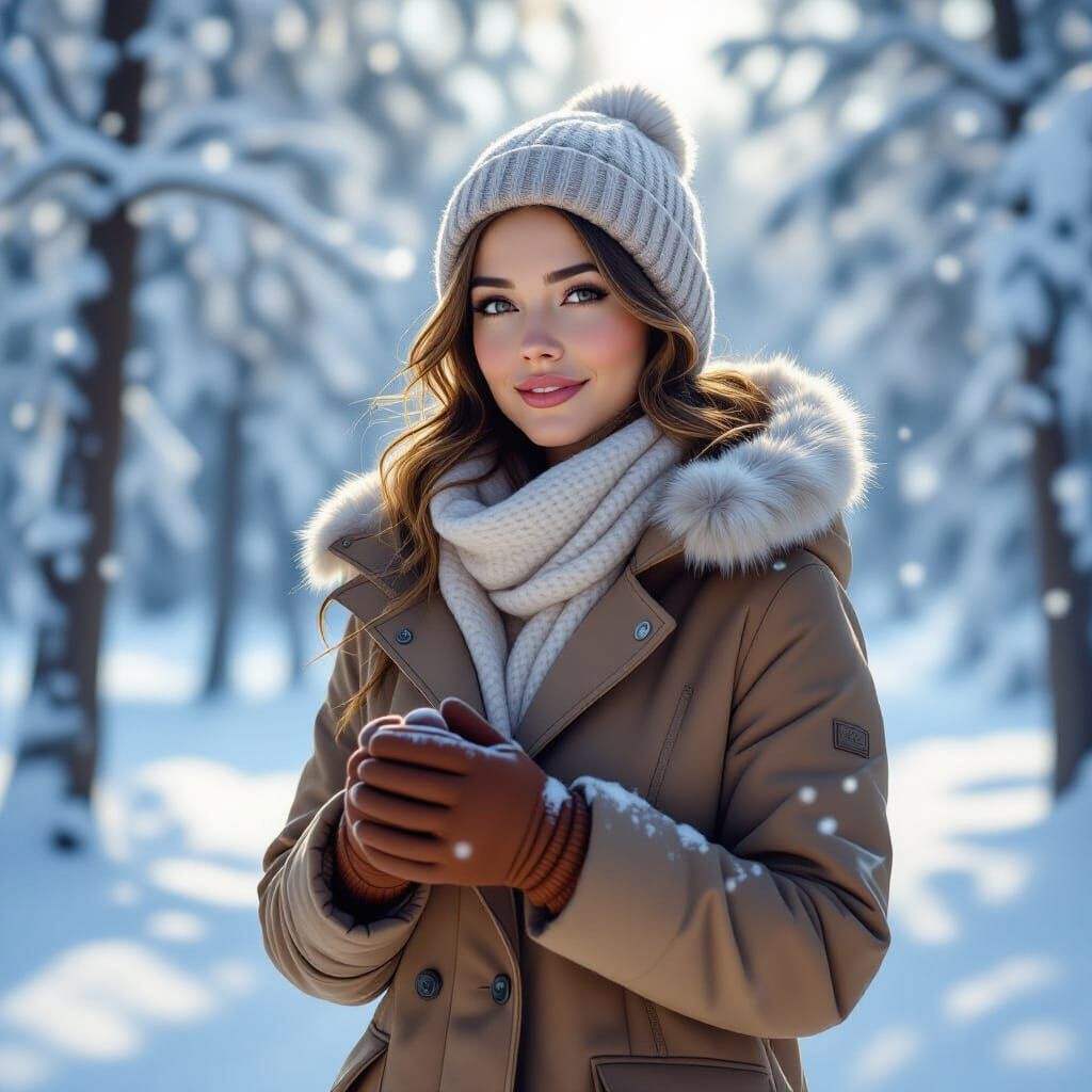 Woman in Snowy Forest, Realistic Digital Art