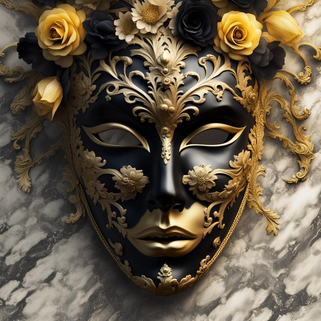 Creepy Venetian Mask with Gold and Flowers