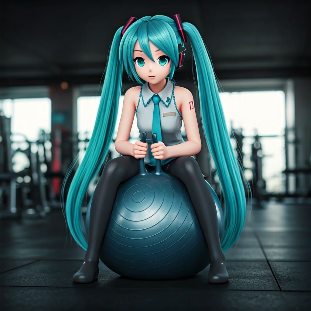 Vocaloid Idol Bounces on Gym Ball in Dark Atmosphere