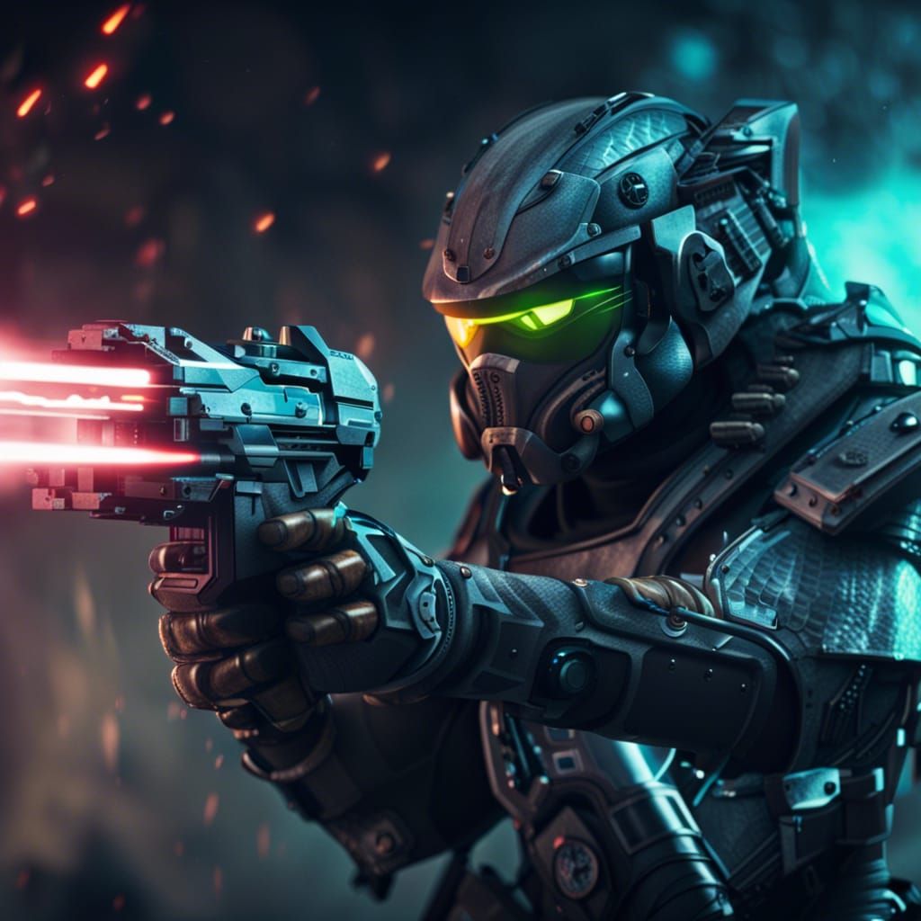 Futuristic Commander Fires Laser Gun in Sci-Fi War