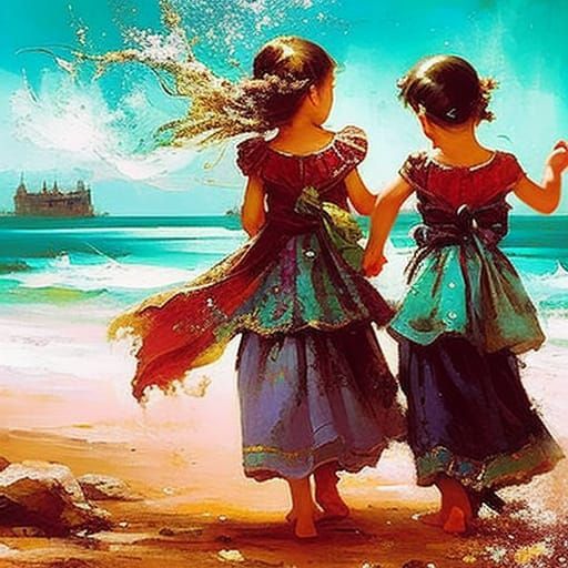 Two girls at seashore: child friends