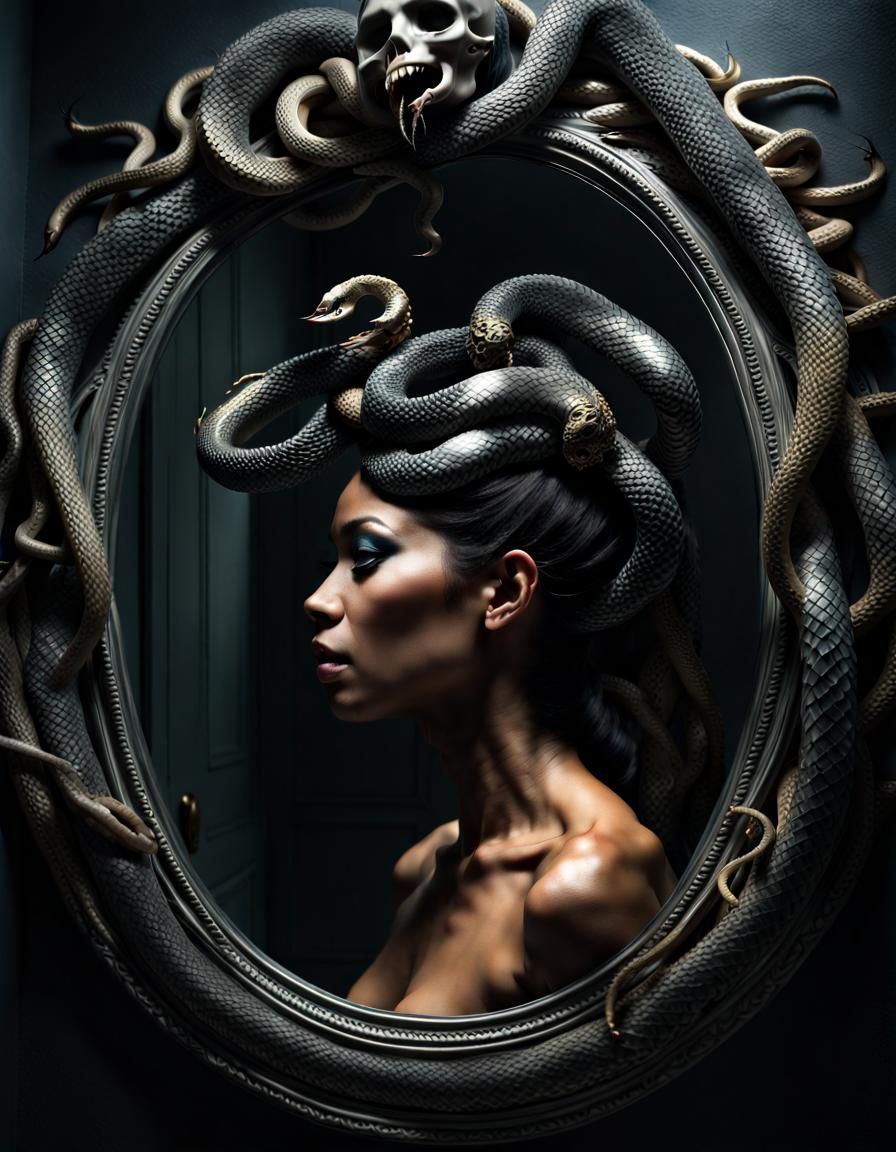Hyperrealistic Medusa Reflection in Cosmic Style