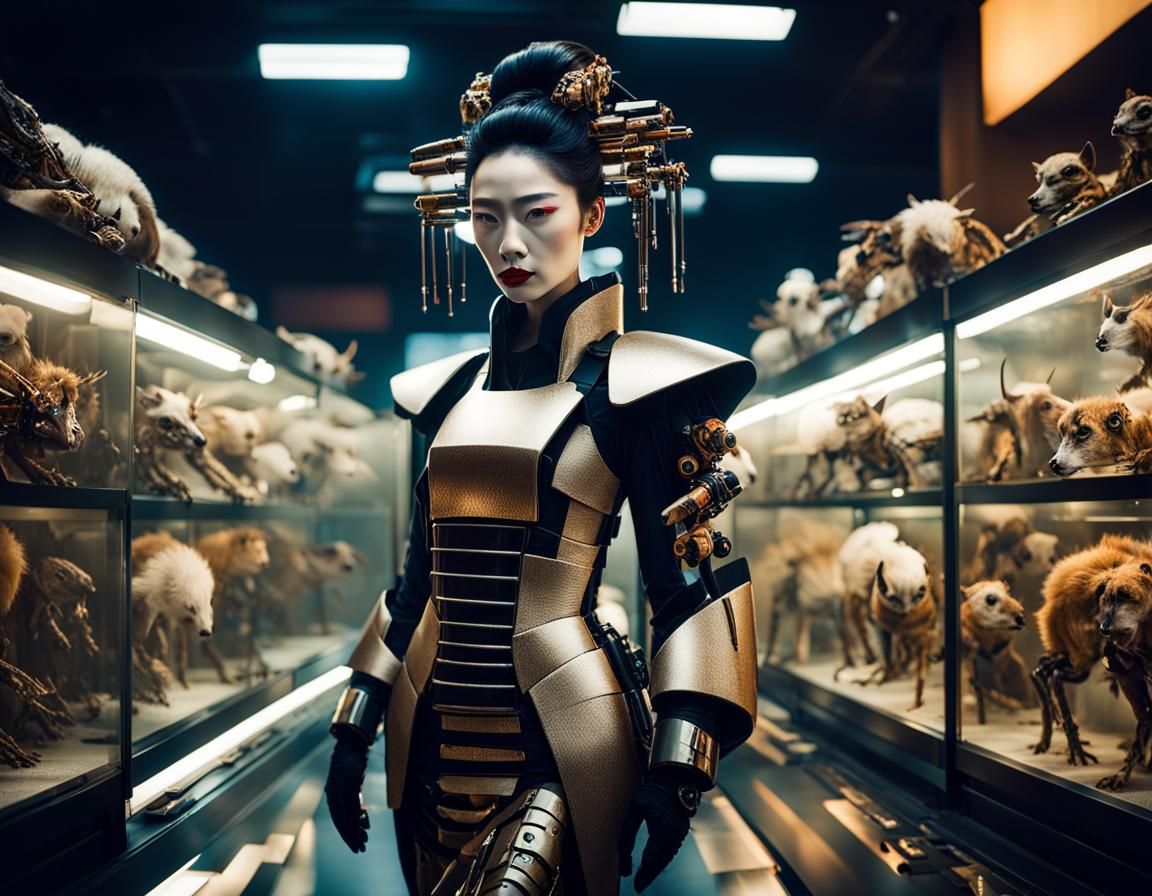 Geisha Supermodel in Cyberpunk Exoskeleton Suit