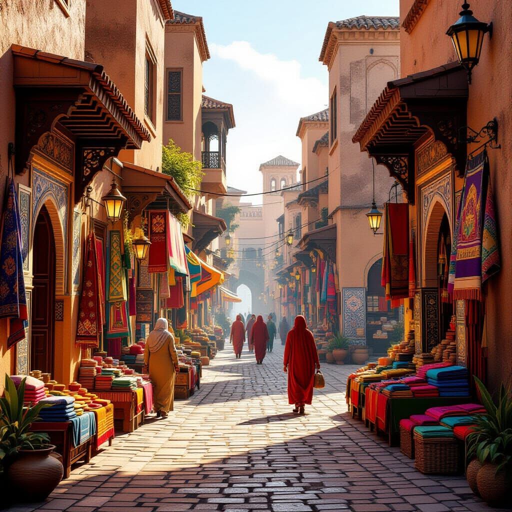 Bustling Moroccan Street Scene in Stylized 3D Art