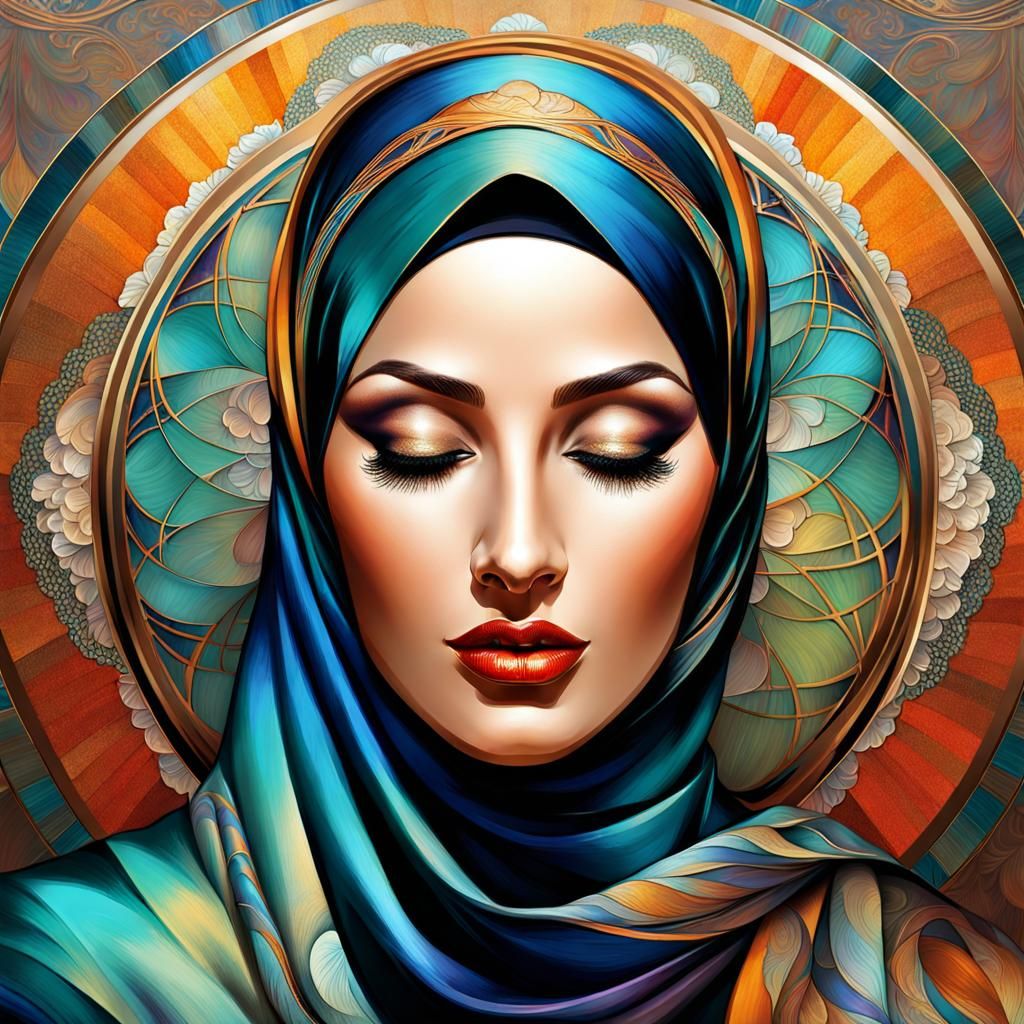 Confident Hijabi Woman with Closed Eyes in Art Nouveau Style