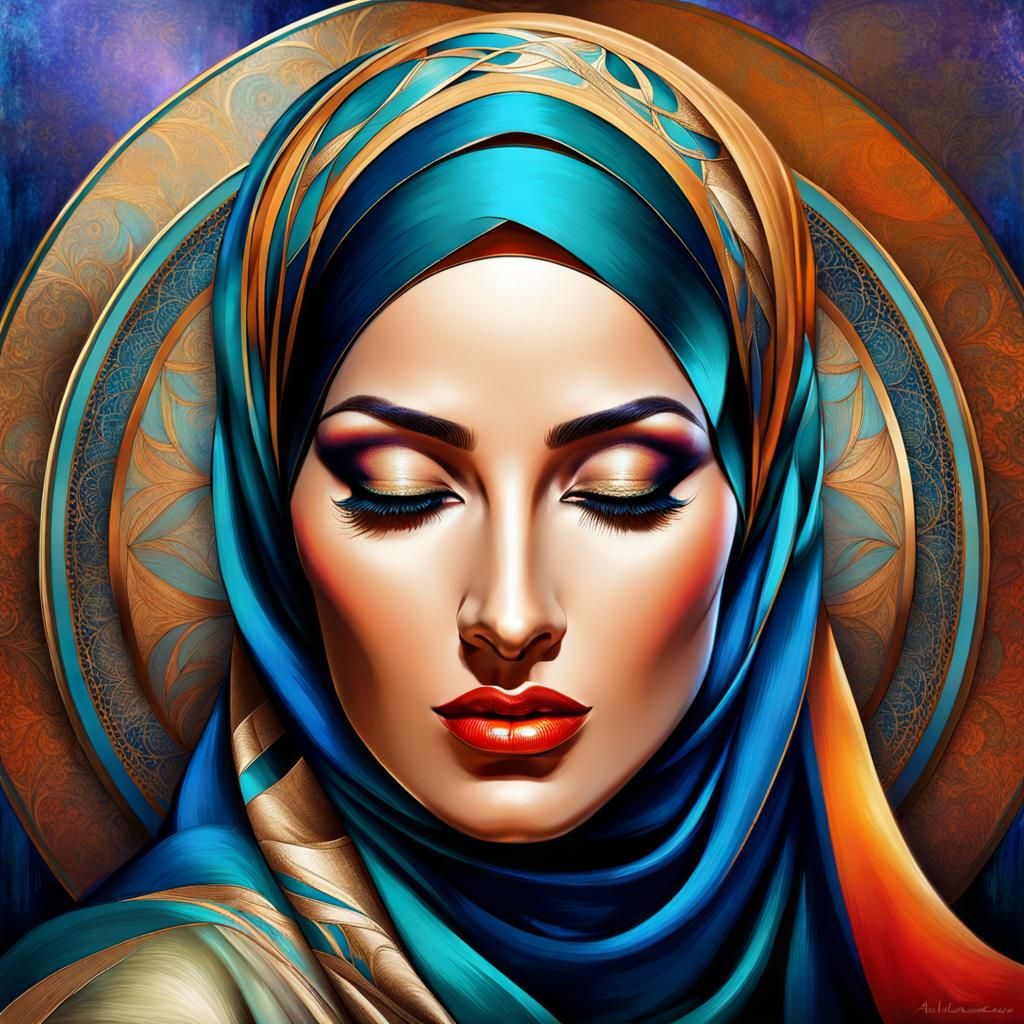 Confident Woman in Hijab: Retro Art Nouveau Portrait