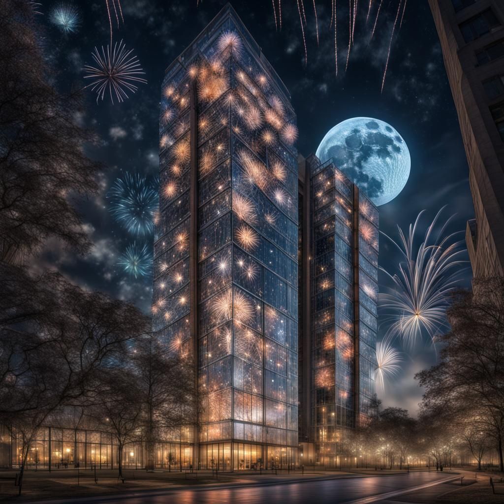 Fireworks inside of glass buildings, night sky, stars, haunted landscape, illuminated by the cosmic moon