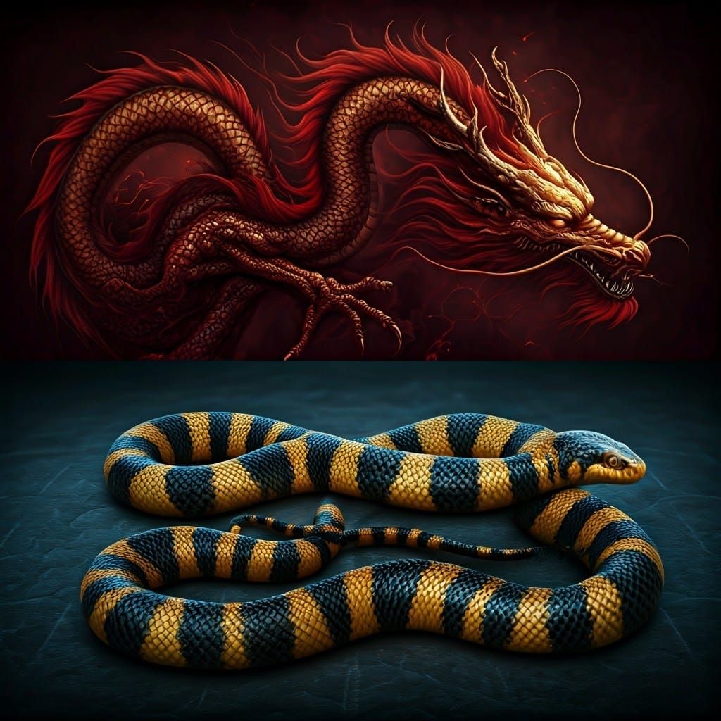 Fantastical Dragon Meets Striped Snake in Intricate Matte Pa...