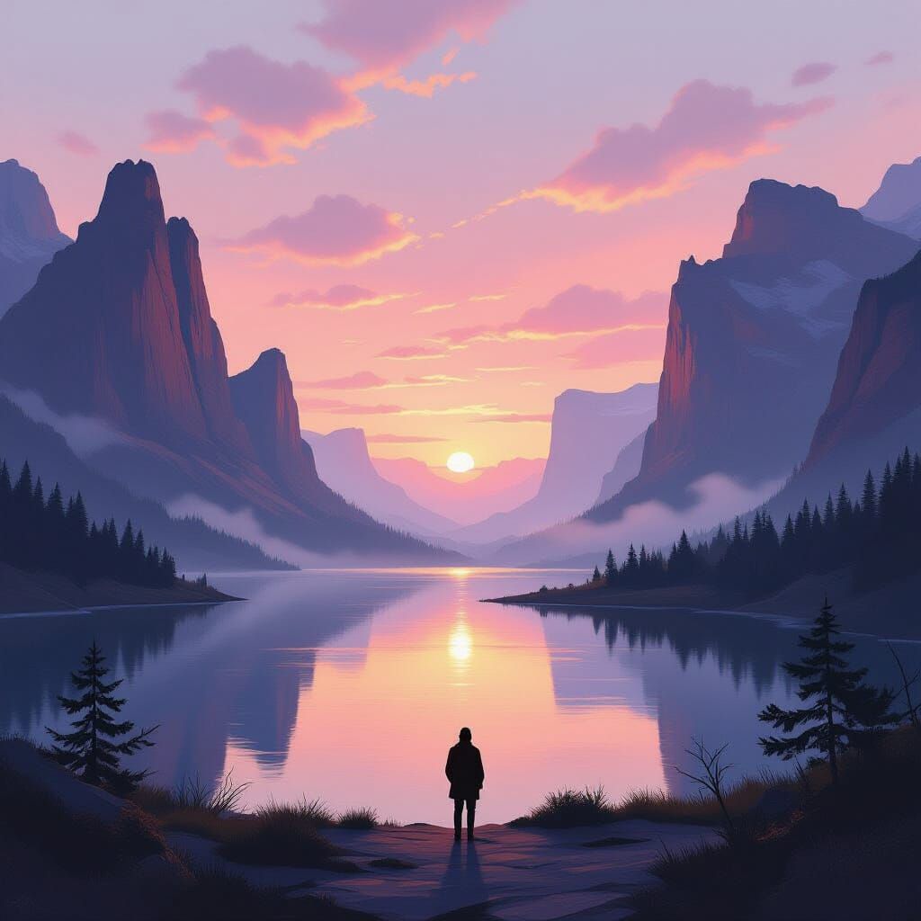 Misty Canyon Sunrise Over Still Lake, Oil Painting Style