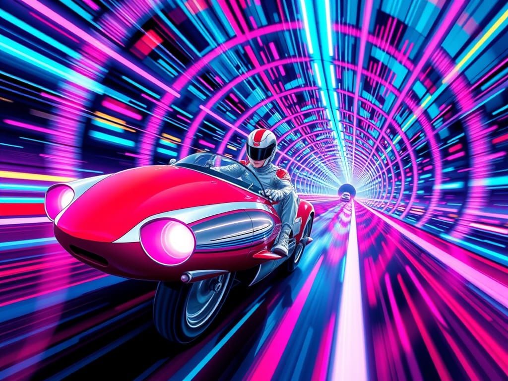 Sleek Racing Suit Drives Mach 5 Through Neon Tunnel in Cyber...
