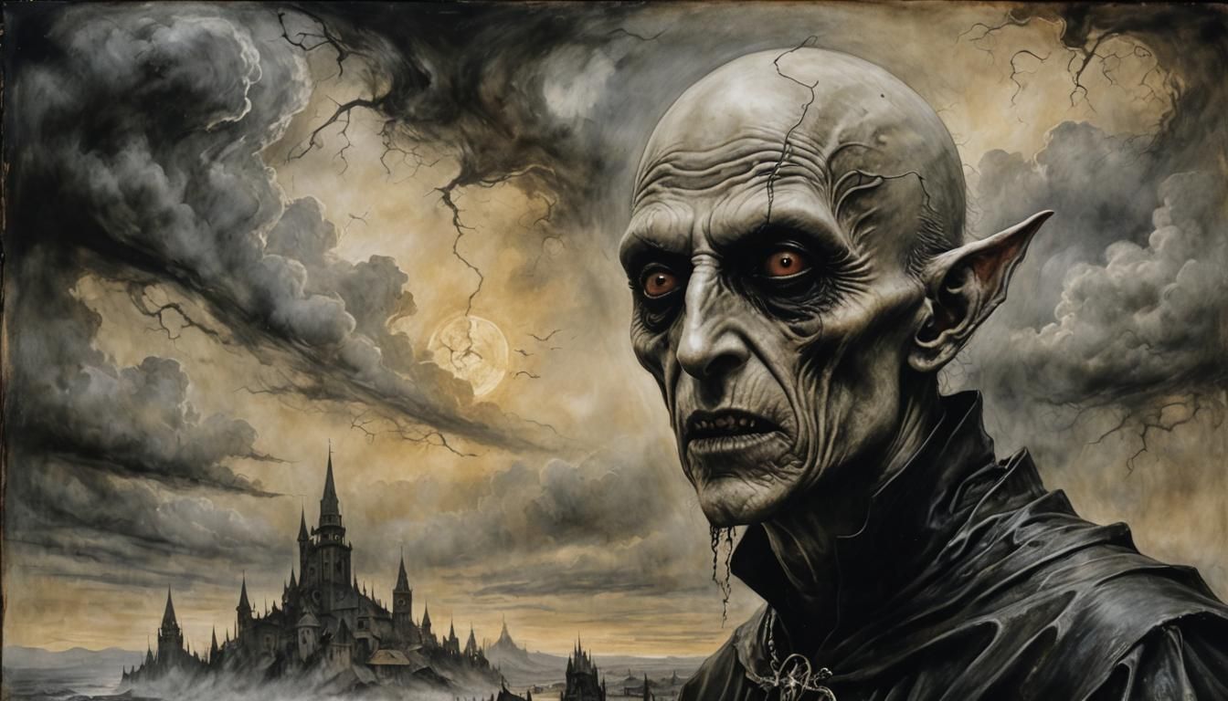 Nosferatu Head in Burning Sky, Hyperrealistic Encaustic Art