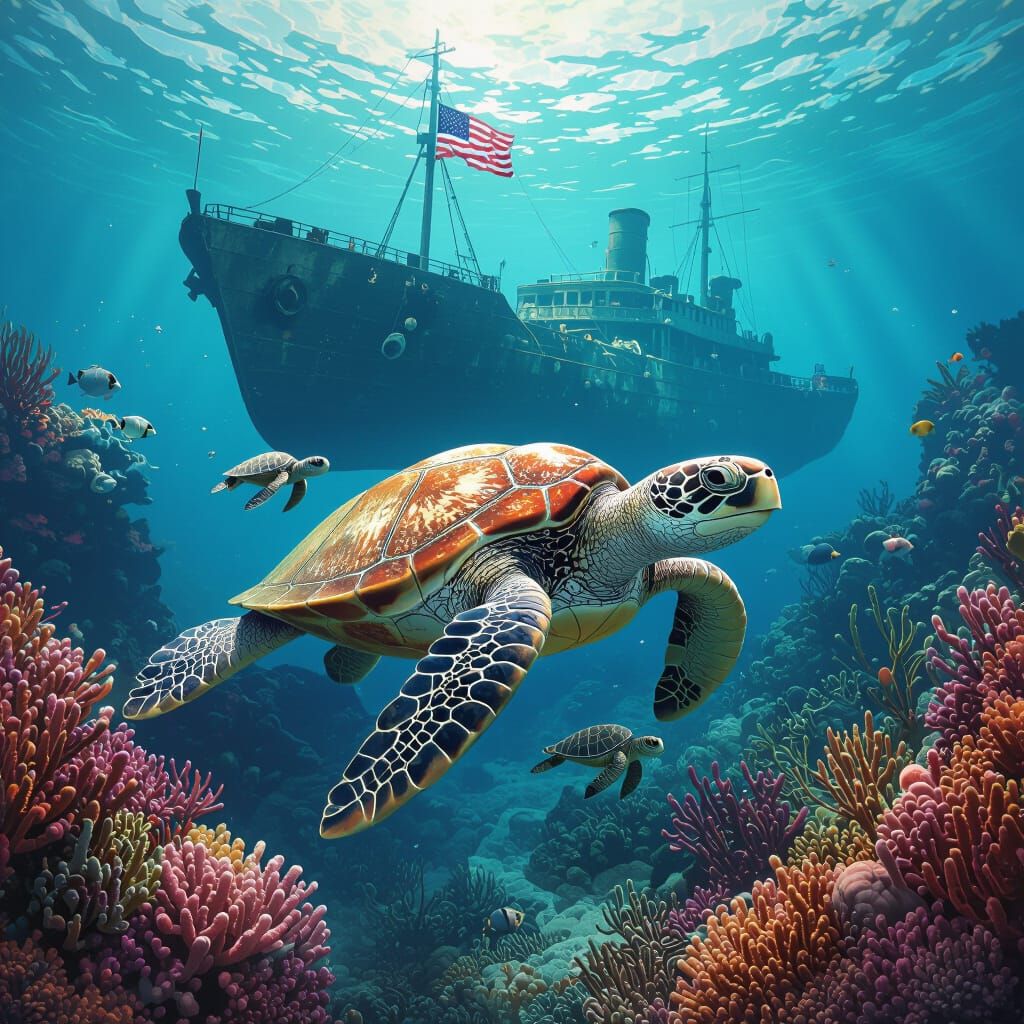 Ancient Sea Turtle With Hatchlings Near Sunken Ship