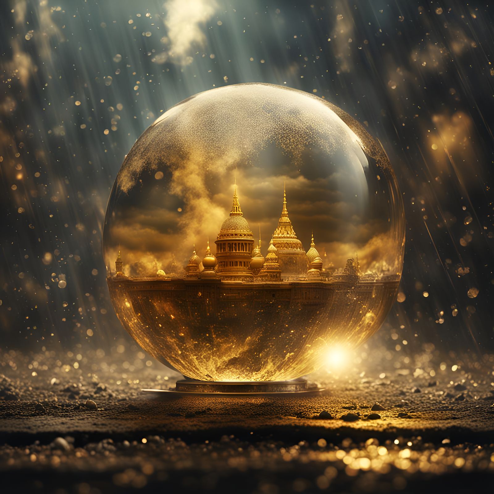 Golden Smoke Rain Inside a Glass Ball