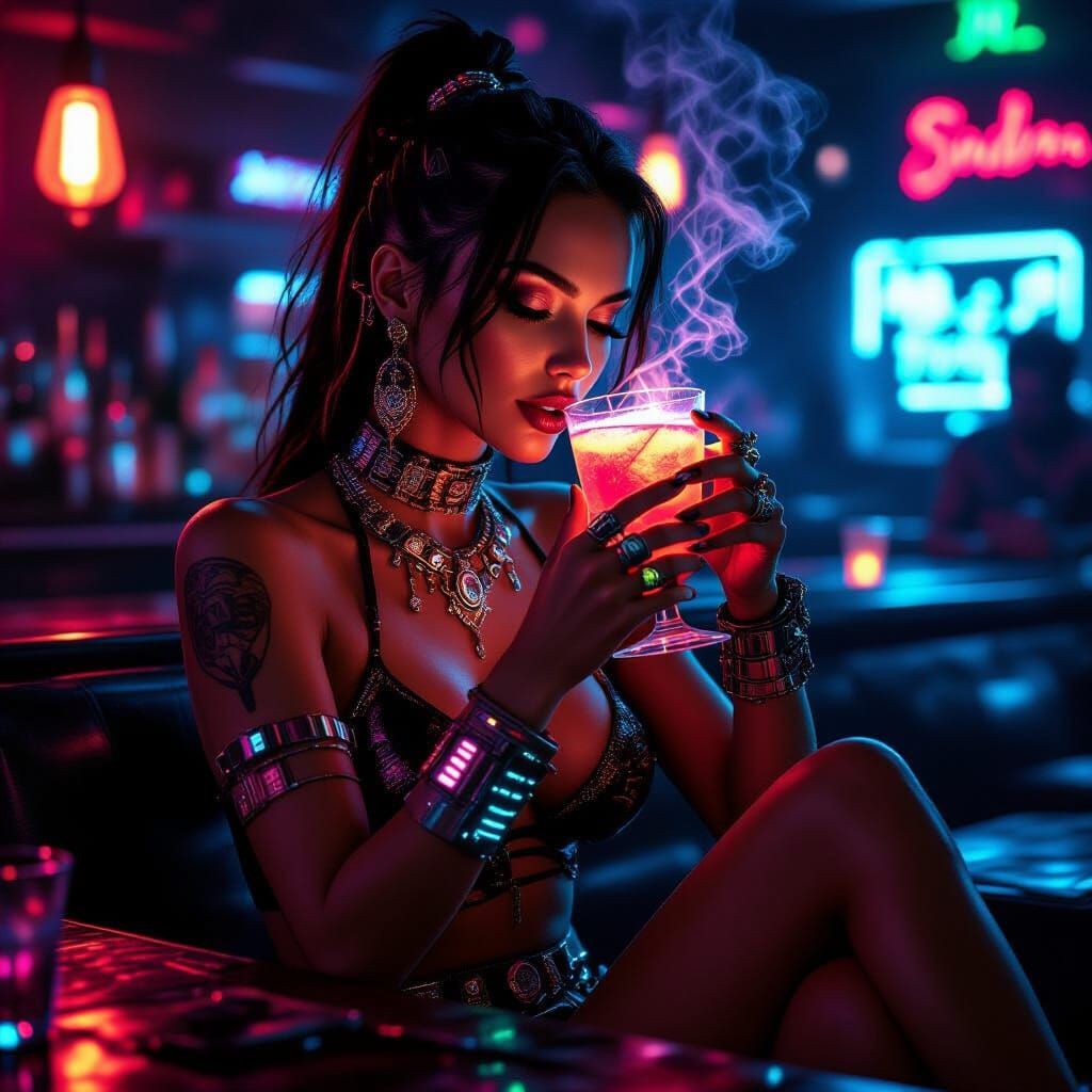 Cyberpunk Woman Sipping Cocktail in Smoky Club