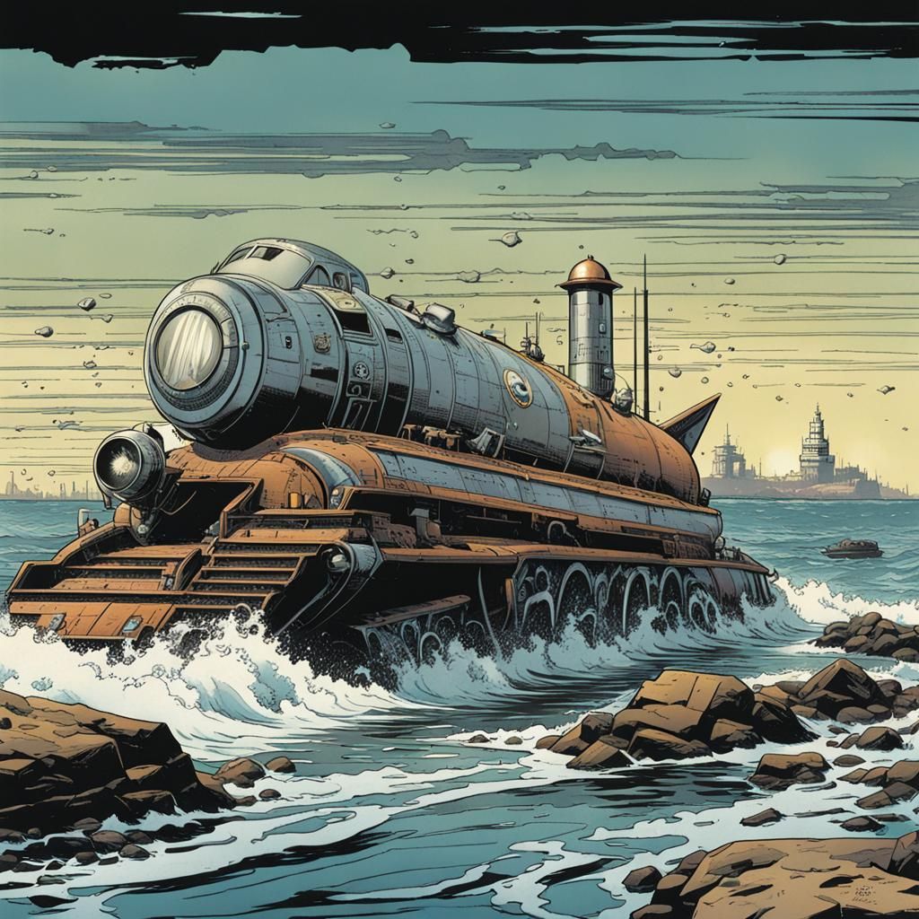 Dieselpunk Seaside Scene in Marvel Comics Style